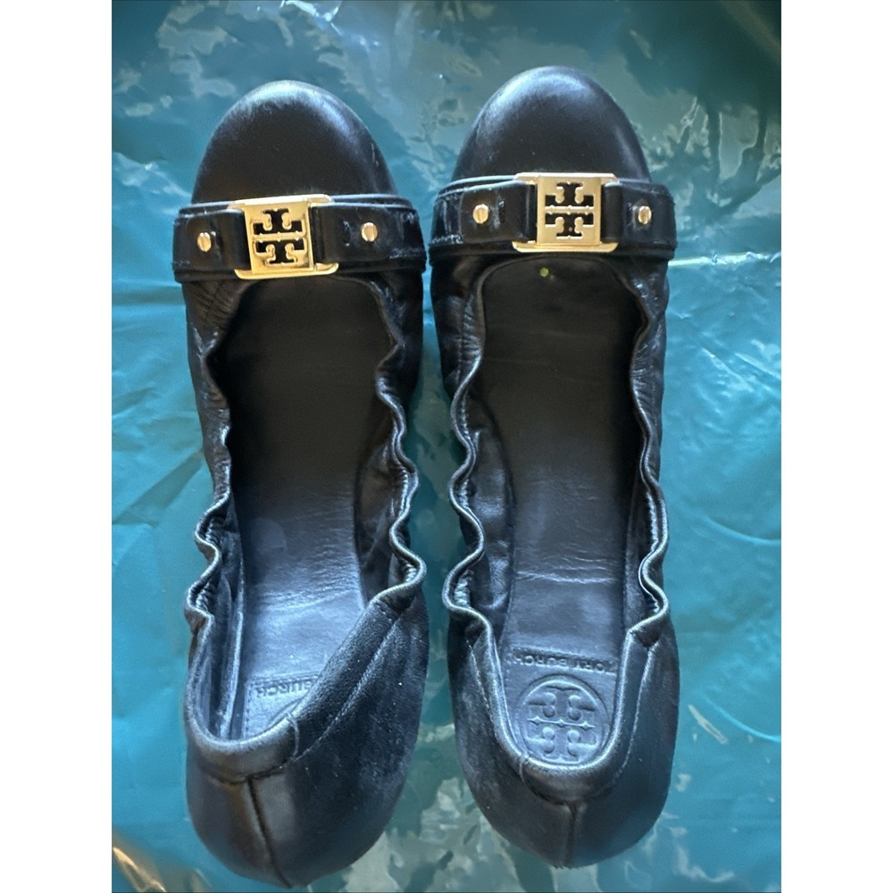 Tory Burch Ballet Black Leather Gold Logo Slip On Size 9.5